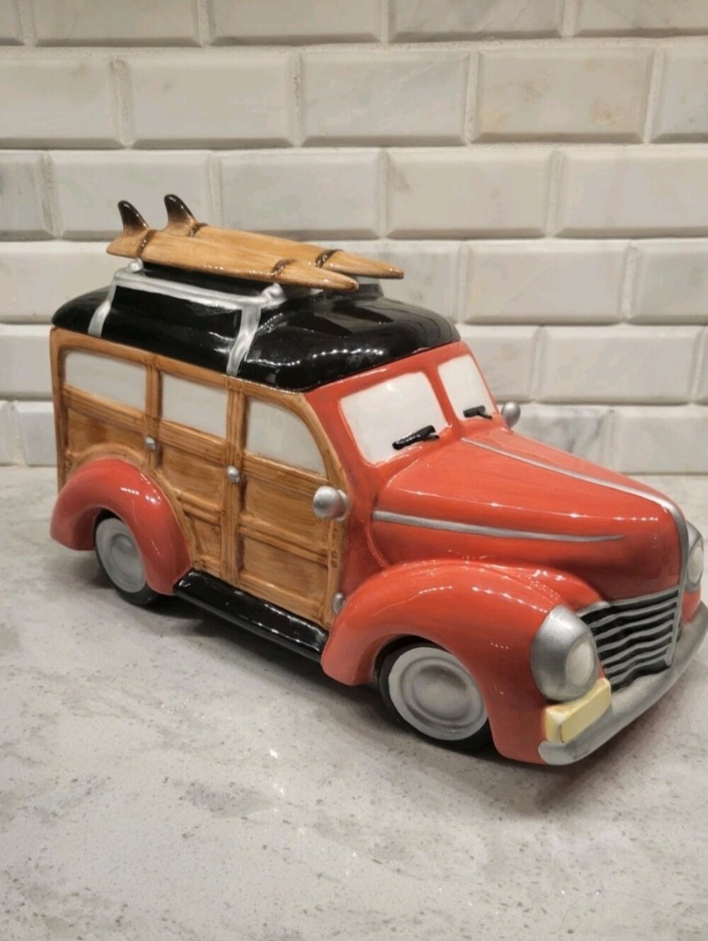 Vintage Woody Station Wagon Hand-Painted Large Cookie Jar Surfboards Woodie EUC